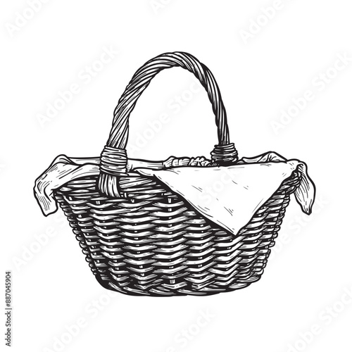 Empty wicker basket with handle. Sketch hand drawn style. Picnic and harvest symbol. Vector illustration isolated on white.