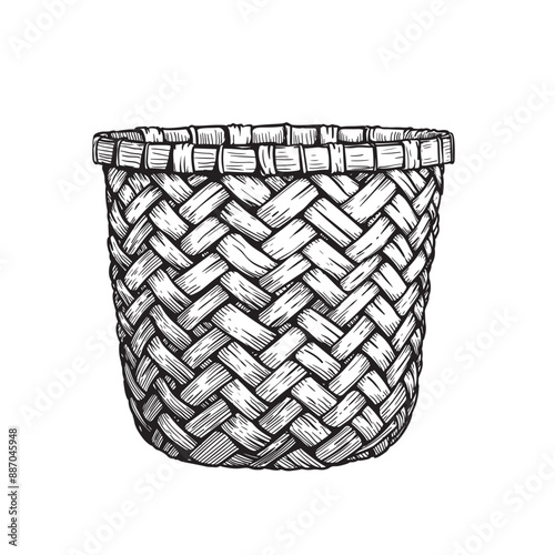 Empty wicker wooden basket. Sketch hand drawn retro style. Vector illustration isolated on white.