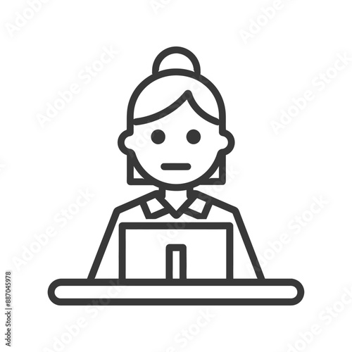 Line Art Illustration: Woman with Bun Working at Laptop