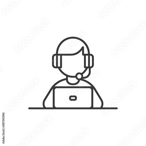 Minimalist Line Art: Customer Service Agent with Headset and Laptop