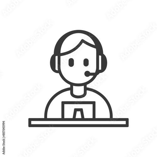 Minimalist Line Art Icon: Customer Support Agent at Desk