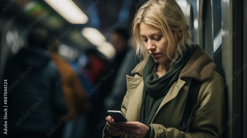 Fototapeta premium Candid morning shot of a woman using her smartphone during her subway commute, engrossed in work and connectivity