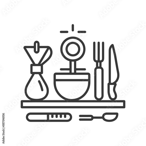 Line Art Icon Set: Culinary Tools, Pouch, & Surgical Instruments on Shelf