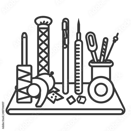 Line Art Illustration: Craft Supplies & Tools on a Work Surface