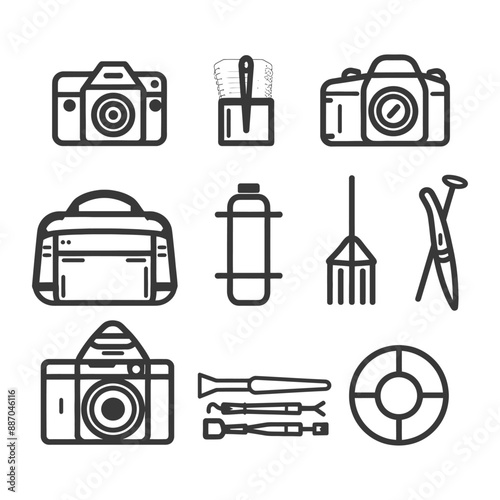 Line Art Icons: Underwater Photography Gear & Accessories Set