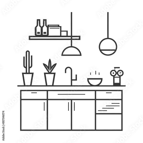 Minimalist Line Art Kitchenette with Succulents and Pendant Lights