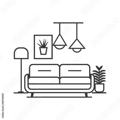 Minimalist Line Art Living Room Interior Design with Sofa, Plants, and Pendant Lights