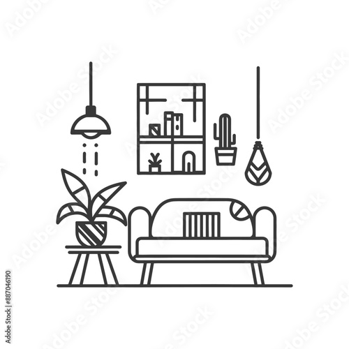 Minimalist Line Art Living Room Interior with Hanging Lamps and Plants