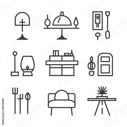 Line Art Icons: Home Decor, Dining, & Religious Symbols