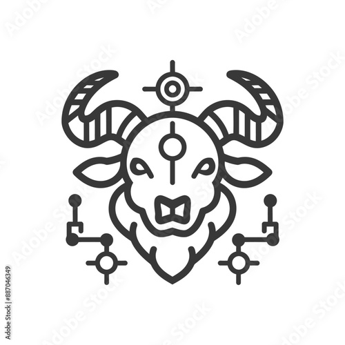 Mystic Line Art: Geometric Goat Head with Symbolic Ornaments