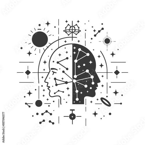 Dual Consciousness: Celestial Connection, Monochrome Line Art