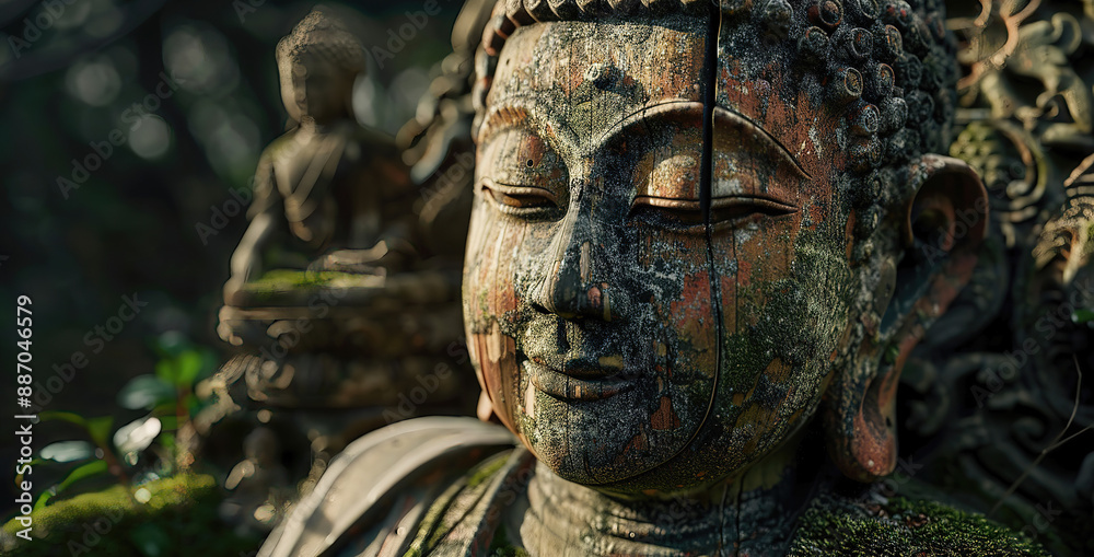 A weathered Buddha statue with moss growing on its face. A weathered Buddha statue with moss growing on its face.