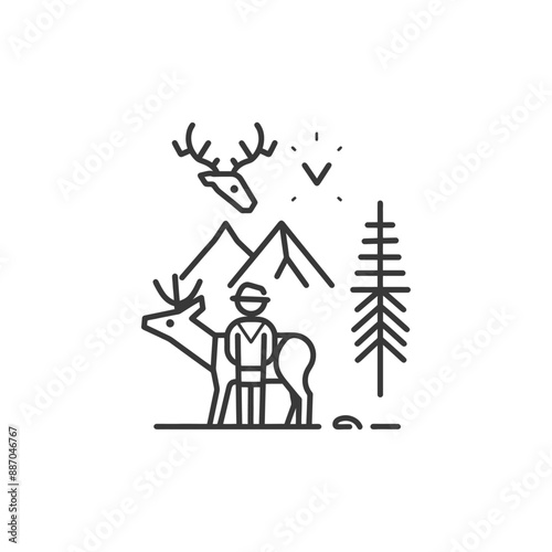 Line Art: Forester with Deer, Mountain Landscape & Flying Bird