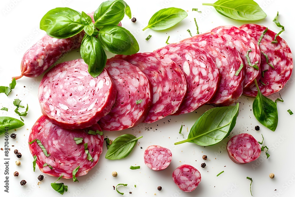 A pile of sliced sausage sitting on top of a white surface A pile of sliced sausage sitting on top of a white surface