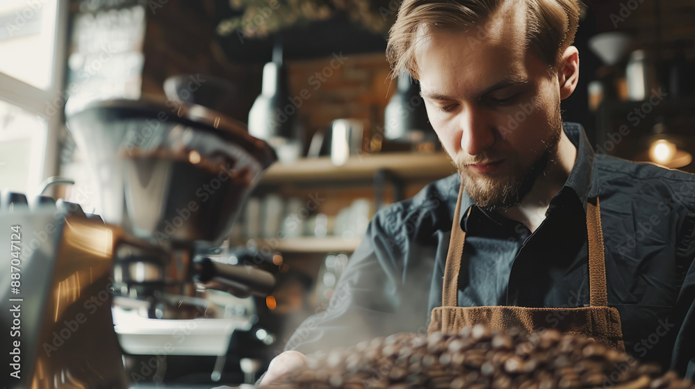 Focused Barista Preparing Fresh Coffee Beans in a Modern Cafe