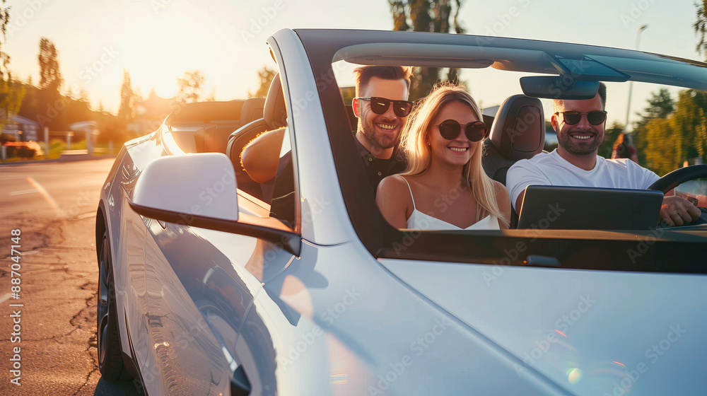 Naklejka premium Friends enjoying a summer road trip in a convertible car, driving at sunset with happy smiles and sunglasses