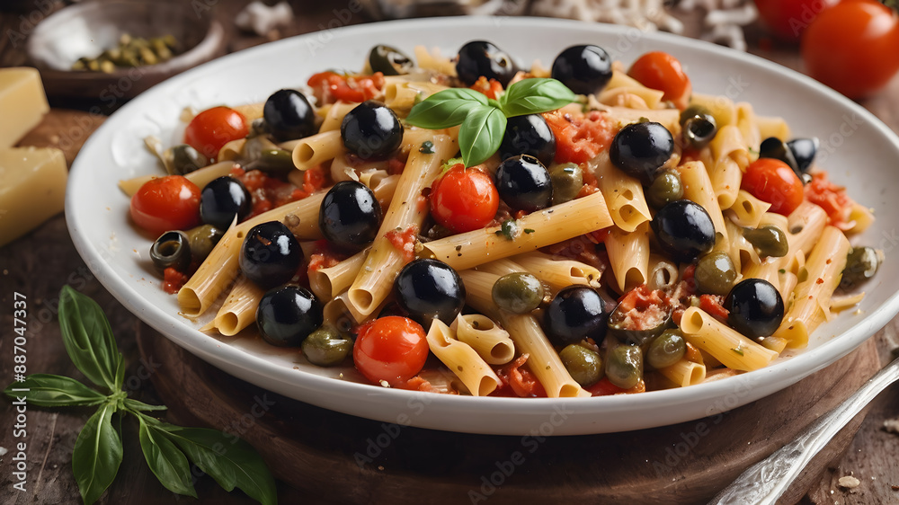 Pasta Alla Puttanesca with garlic, olives, capers, tomato and anchois fish. Generative AI Pasta Alla Puttanesca with garlic, olives, capers, tomato and anchois fish. Generative AI