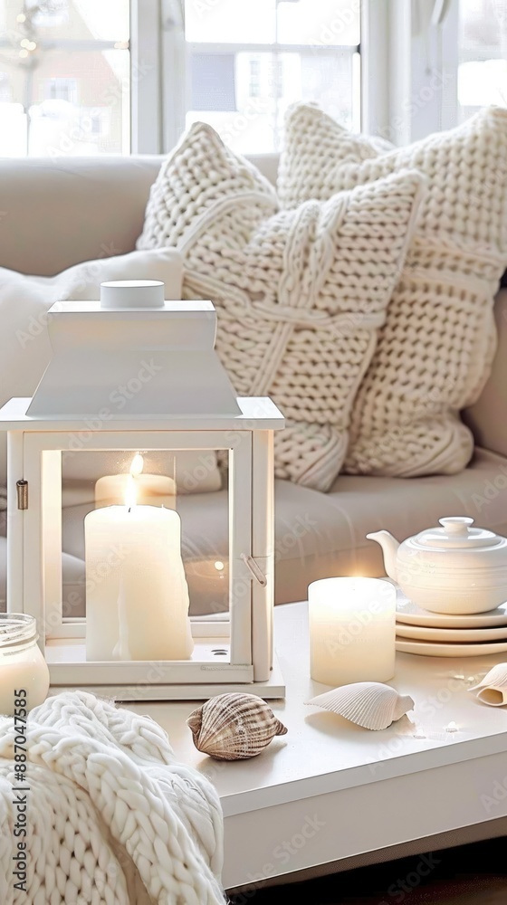 A white ceramic teapot sits on a white saucer next to a tray with a white lantern holding two candles and seashells. The tray is on a white surface A white ceramic teapot sits on a white saucer next to a tray with a white lantern holding two candles and seashells. The tray is on a white surface