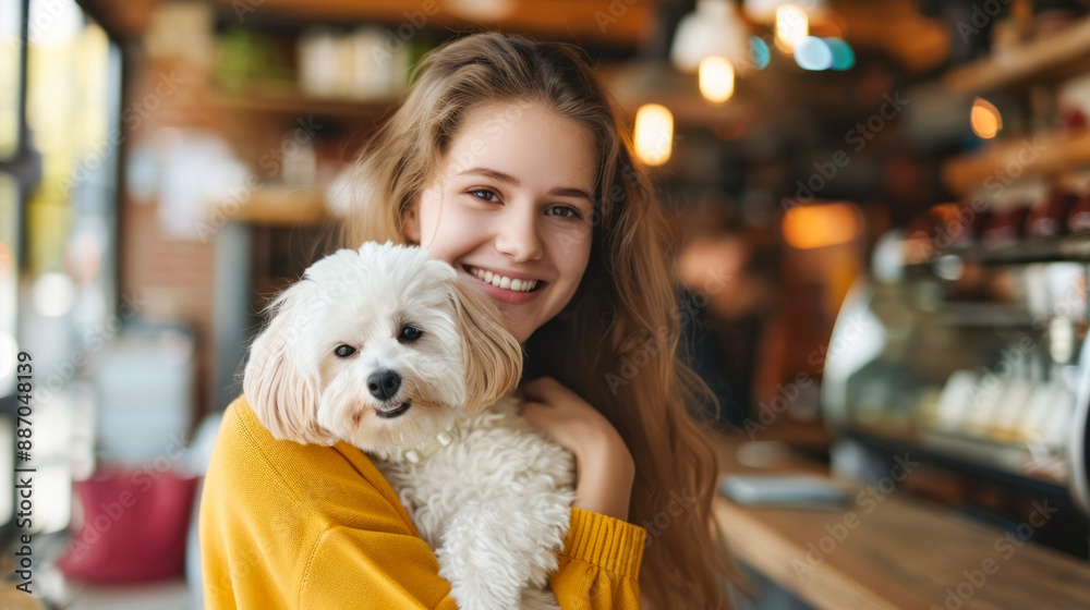 Smiling young woman in a cozy cafe holding an adorable white fluffy dog, creating a warm and friendly atmosphere Smiling young woman in a cozy cafe holding an adorable white fluffy dog, creating a warm and friendly atmosphere