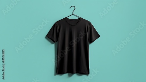 A black shirt hanging on a hanger with a  turquoise background