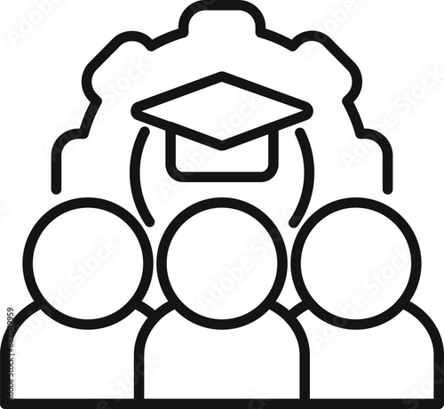 Three people are working together, their graduation goal represented by a graduation cap inside a cogwheel mechanism