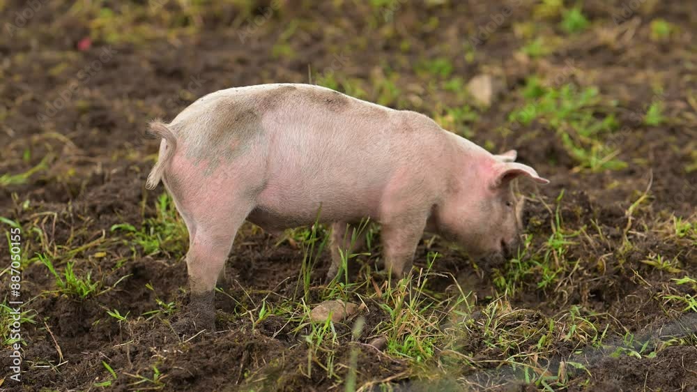 Pig digging in the dirt for food Pig digging in the dirt for food