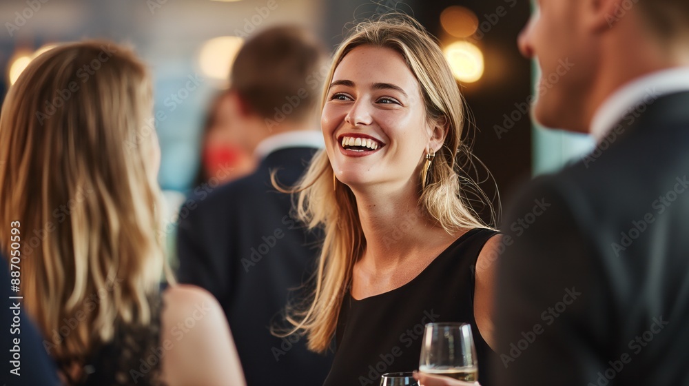 attractive woman in her late thirties smiling and talking to other people at the cocktail party attractive woman in her late thirties smiling and talking to other people at the cocktail party