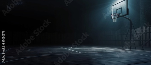 basketball court with spotlight on the hoop dark background photo