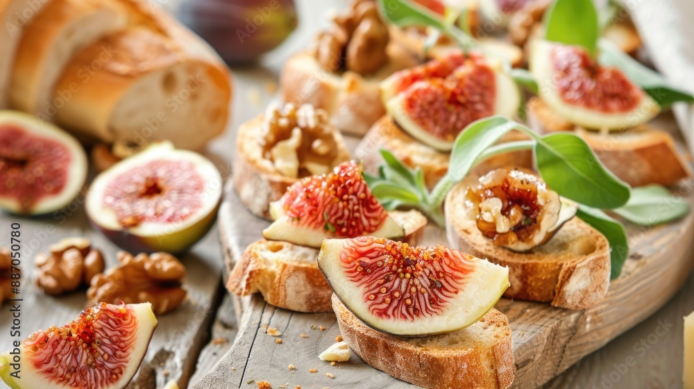 A wooden cutting board topped with sliced bread and fresh figs, perfect for serving as an appetizer or snack A wooden cutting board topped with sliced bread and fresh figs, perfect for serving as an appetizer or snack