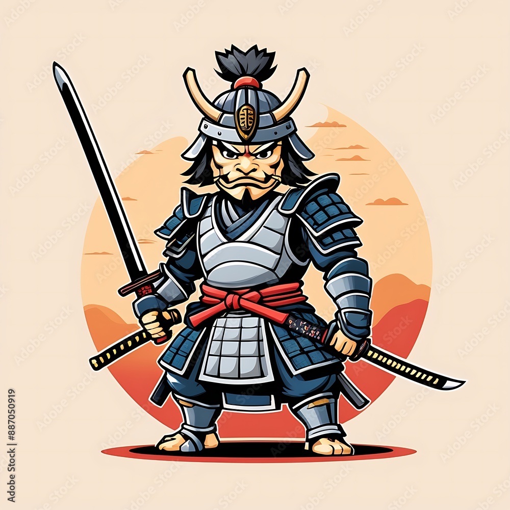Samurai warrior in full armor with red sash, helmet, sword, and serious expression; suitable for historical, martial arts, and warriorthemed designs.