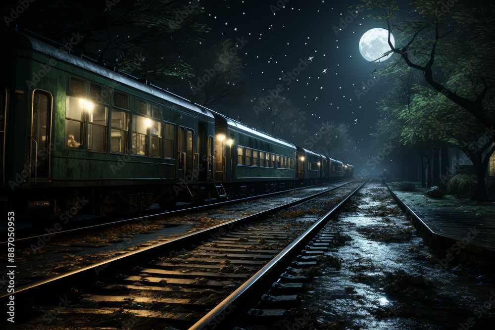 Naklejka premium An abandoned railway station platform bathed in soft moonlight, where the only movement is the rustling of leaves. Concept of nocturnal silence and railway solitude. Generative Ai.