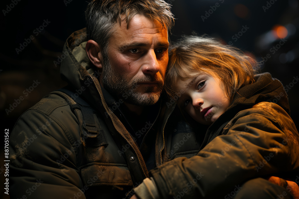 Fototapeta premium A father consoling his child after a difficult day, offering words of comfort and understanding. Concept of emotional support and parental empathy. Generative Ai.