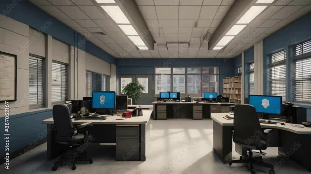 Office Interior with Blue Walls, Desks, Computers, and American Flag Office Interior with Blue Walls, Desks, Computers, and American Flag