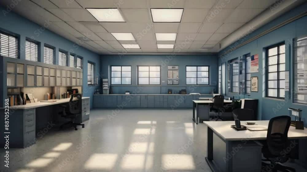 Office Interior with Blue Walls, Desks, Computers, and American Flag Office Interior with Blue Walls, Desks, Computers, and American Flag
