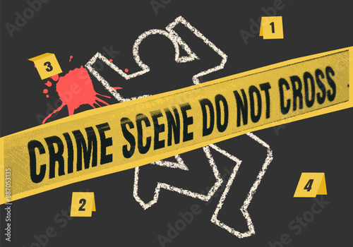 Retro halftone collage of a crime scene with a chalk outline of a body, blood splatter, and a yellow "Do Not Cross" tape. Ideal for projects related to crime, mystery, and investigation themes.
