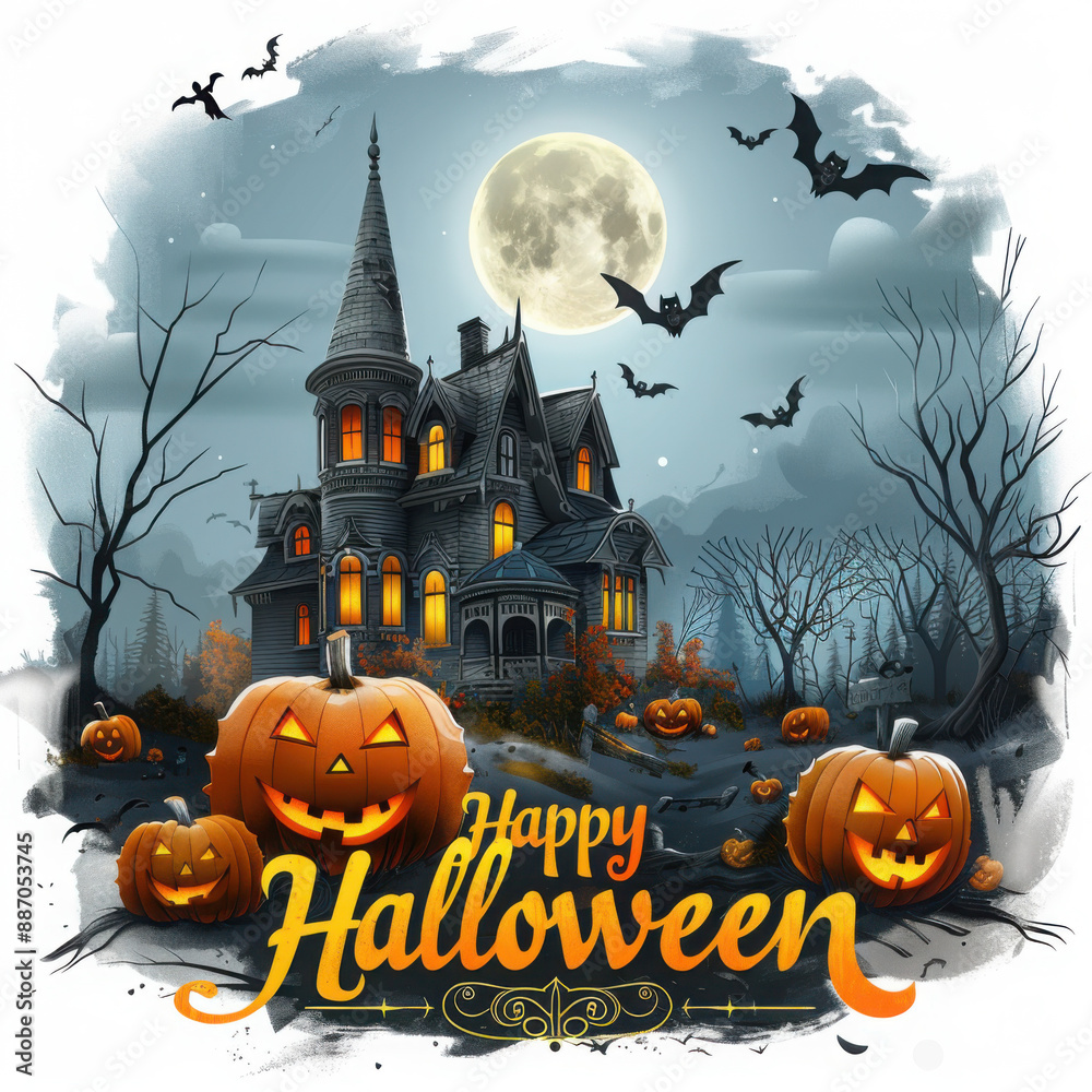 Fototapeta premium Happy Halloween gold message, pumpkin bat, witch, castle, design background, vector illustrations 