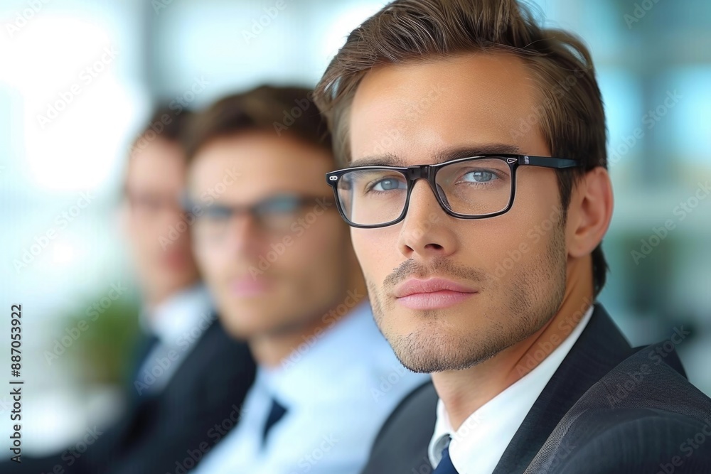 A man in a suit and glasses stares intensely ahead, exuding confidence and determination A man in a suit and glasses stares intensely ahead, exuding confidence and determination