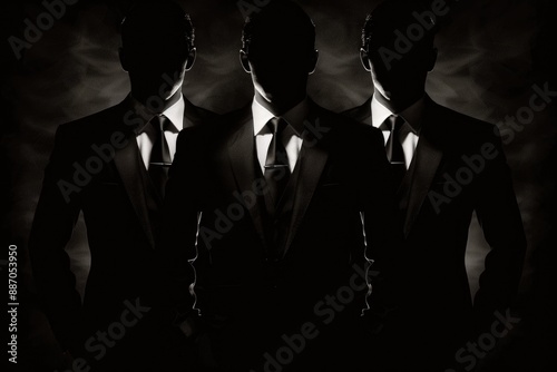 Three men in suits stand in darkness, their faces obscured. The only light comes from behind them, creating a dramatic silhouette photo