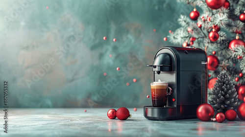 Coffee Espresso Pouring from Coffee Machine. Christmas Theme. Xmas Tree and Red Berries on Dark Background. Color Palette Noel Red 