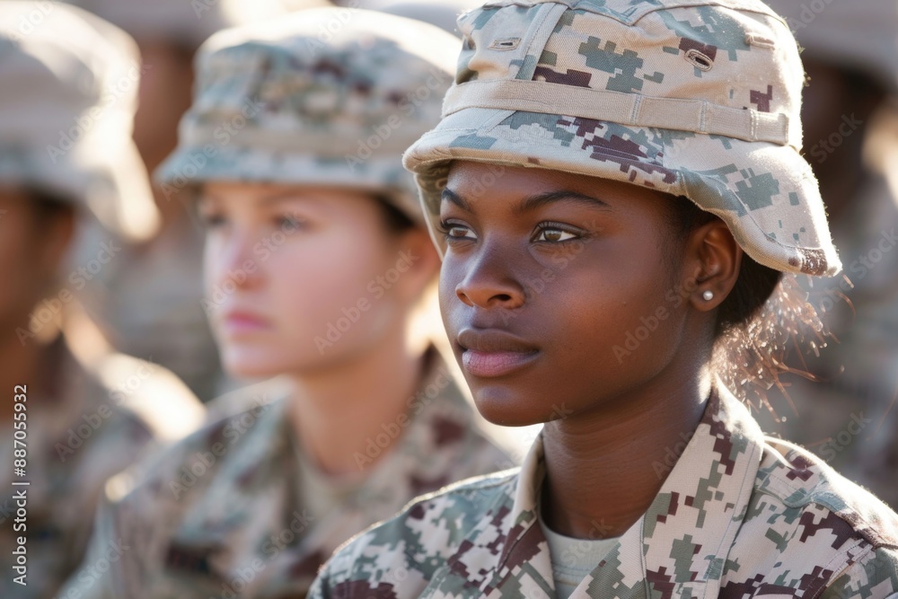 A young woman in military uniform stands at attention, her gaze fixed on a distant point, a quiet strength evident in her expression A young woman in military uniform stands at attention, her gaze fixed on a distant point, a quiet strength evident in her expression