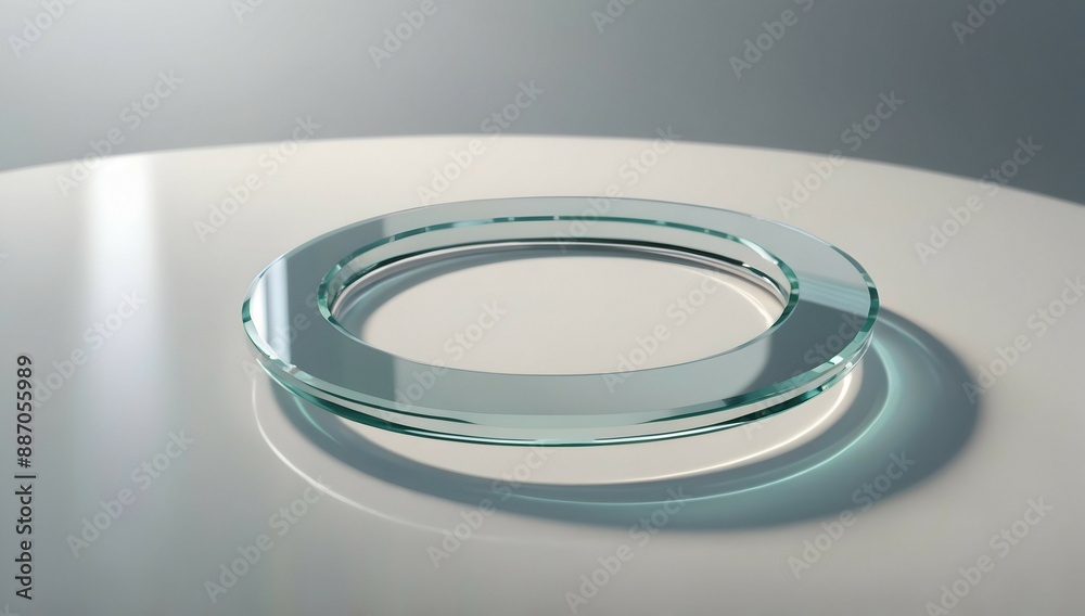 thin glass circle, seen from a side angle with a rotated perspective. It is brilliantly illuminated and stands against a pristine white background, showcasing a minimalist design, perfect for 8K resol thin glass circle, seen from a side angle with a rotated perspective. It is brilliantly illuminated and stands against a pristine white background, showcasing a minimalist design, perfect for 8K resol
