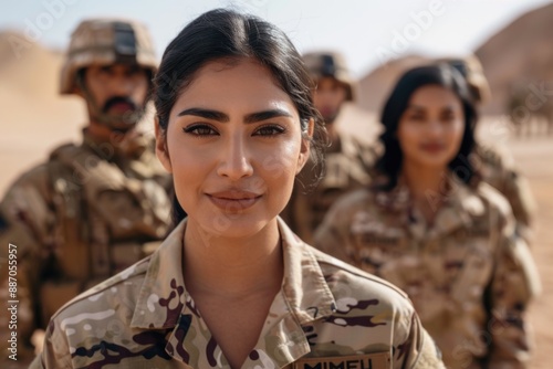 A young woman in military uniform stands in a desert landscape, her gaze focused and resolute. She is surrounded by other soldiers, all in camouflage gear photo