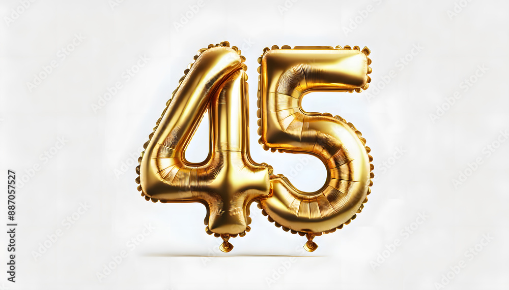 Shiny Golden Foil Balloons Forming Number 45 - Elegant Celebration Decor on White Background