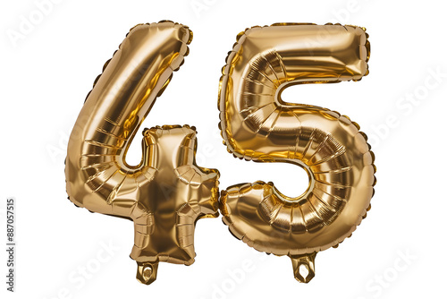 Shiny Golden Foil Balloons Forming Number 45 - Elegant Celebration Decor on White Background