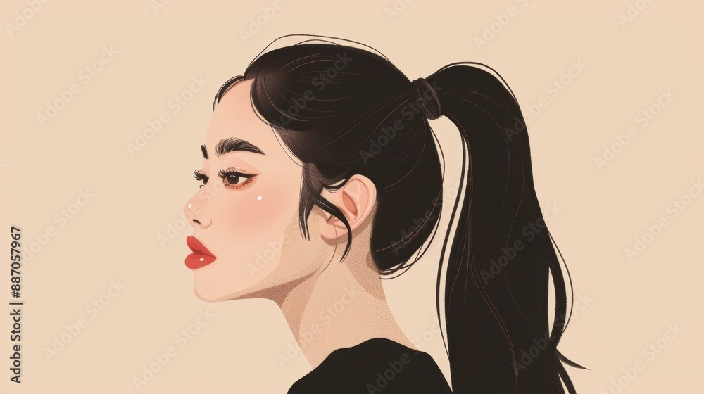 Woman With Black Hair and Red Lipstick Looking to the Right Woman With Black Hair and Red Lipstick Looking to the Right