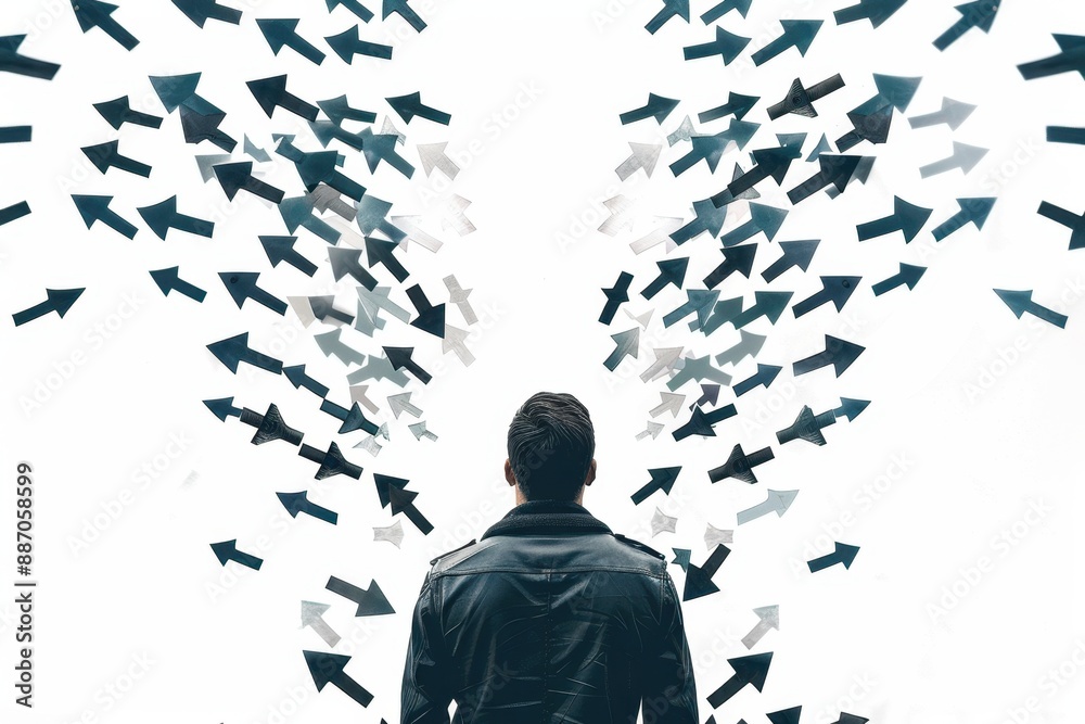 Man standing in front of arrows pointing to different directions ...