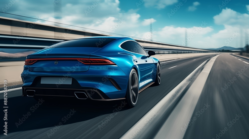 Rear view of blue Business car on high speed in turn. Blue car rushing along a high-speed highway. Rear view of blue Business car on high speed in turn. Blue car rushing along a high-speed highway.