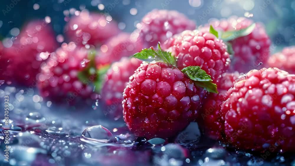 Ripe raspberries with water drops on a dark background Ripe raspberries with water drops on a dark background
