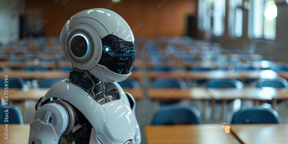 White Robot Sitting In An Empty Classroom