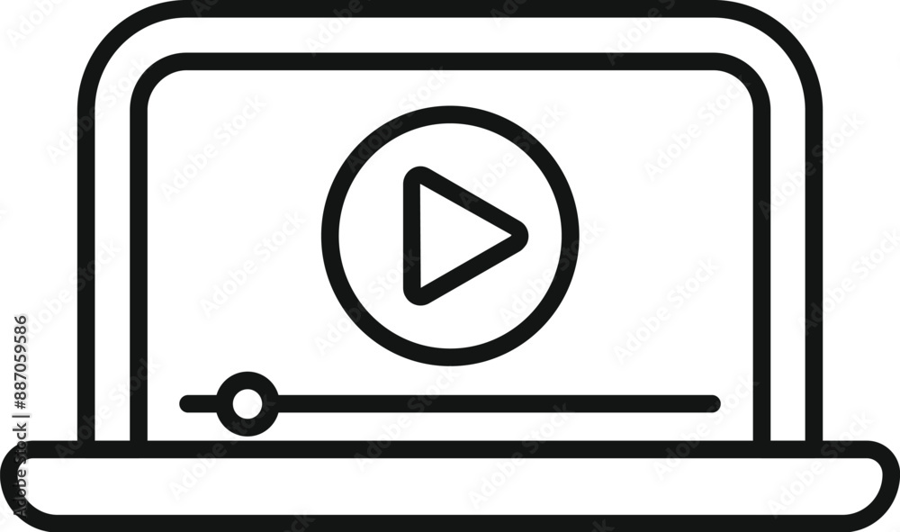 Simple, modern outline icon of a laptop playing a video with a progress bar Simple, modern outline icon of a laptop playing a video with a progress bar